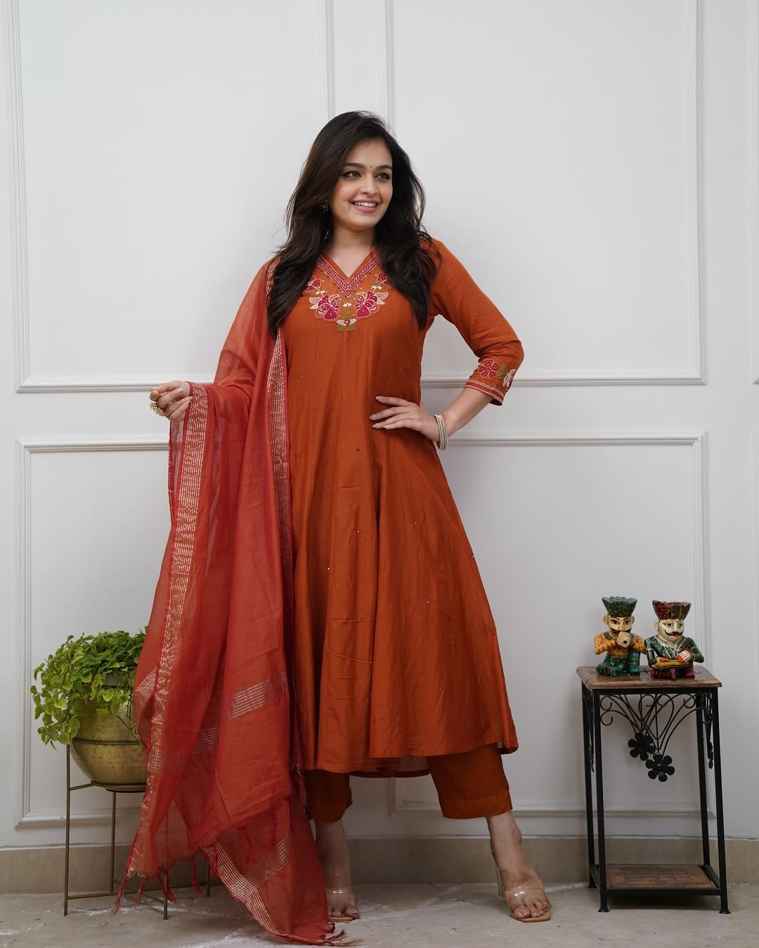 Orange Cotton Anarkali Suit Set with Mirror Work